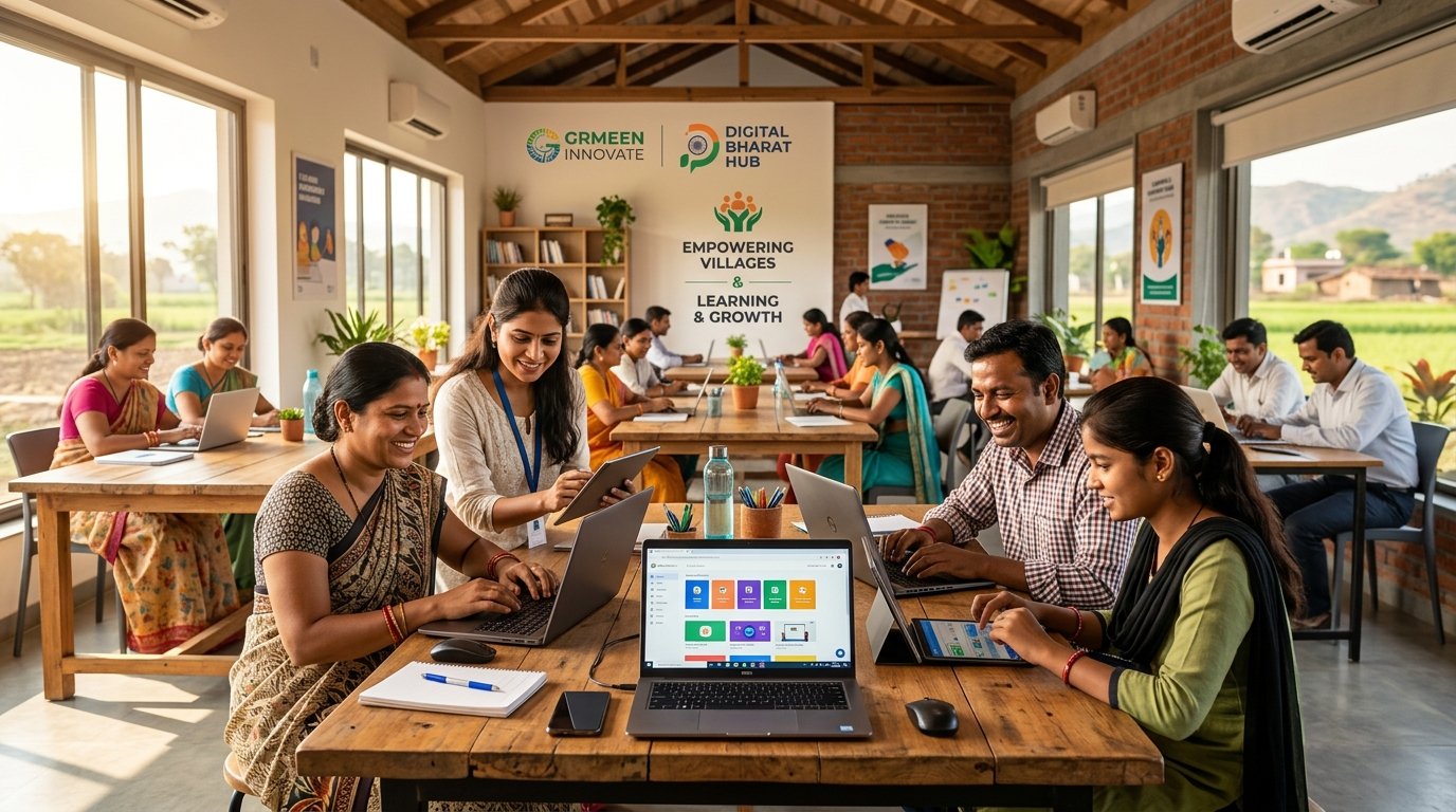 Rural Indian entrepreneurs in a modern hub workspace